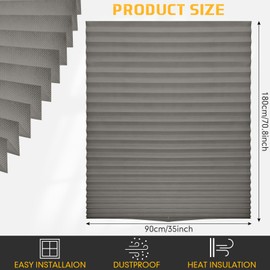 Kigley 12 Pack Filtering Temporary Blinds for Windows, 35 x 71 Inch Cordless Pleated Light Filtering Fabric Shade Self Adhesive Window Shade, Easy to Cut and Install, with 24 Clips(Light Gray)