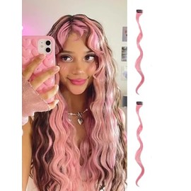 2 x Clip-In Hair Extension Highlights Streaks, Colourful Hair Highlights (Curly Pink x 2)