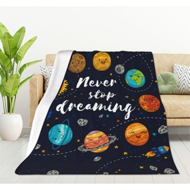 HGOD DESIGNS Cute Outer Space Planets Blanket Fleece Never stop dreaming Throw Blanket Comets Sun Cosmos Blanket for Women Solar System Fuzzy Plush Blanket for Bed Couch Sofa Chair Office (130x150cm)