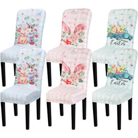 Preboun 6 Pcs Easter Chair Covers Bunny Eggs Floral Truck Chair Slipcovers Protector Spring Washable Easter Party Decoration Removable Holiday Easter Farmhouse Decor for Home Dining Room Kitchen
