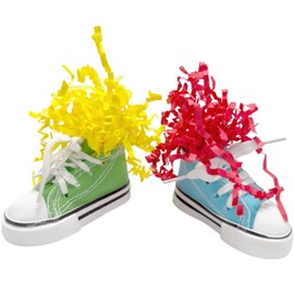 Mandarin Bird Toys by M&M 5611 Super Shreddy Sneakers Pk3 - Colorful Chewable Crinkle Paper Stuffed Bird Foot Toys, Natural Rubber Soles, Cotton Canvas, Aglet Laces, Restuffable, Hang from Toys