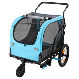 ClevrPlus 2-in-1 Pet Bike Trailer & Large Foldable Dog Stroller Pet Cart Carrier, Blue, 80 Lbs Capacity, Dog-Friendly Designs, Easy Folding Frame, Universal Bicycle Coupler, and Safety Flag