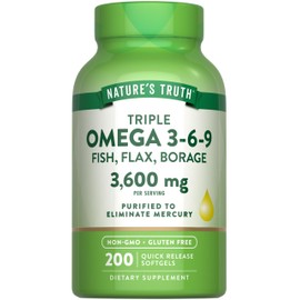 Nature's Truth Triple Omega 3 6 9 | 3600mg | 200 Softgels | Fish, Flax, and Borage Oils | Non-GMO & Gluten Free Supplement