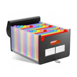 KoiKarry A4 File Holder, 25 Tiers, File Box, PP Material, 0.8mm Thick, Accordion Type, Telescopic Freestanding Dividers, Label Management, Lid, Rainbow Color Dividers, Tie-Secure, Black, Office