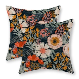 JEFERSO Boho Floral Pillow Covers 16x16 Inch Set of 2 Vintage Black Throw Pillows Modern Abstract Bohemian Flower Decorations Pillow Cases Farmhouse Linen Outdoor Cushion Case for Couch Sofa Decor