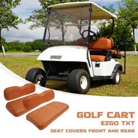 XUANYUDG0769 Golf Cart Front and Rear Seat Covers for EZGO TXT 1994-2013 and B-Shaped Aftermarket Rear Seat, Vinyl Leather/Adjustable Straps and Retractable Buckle/No Stapler Required, 4PCS, Brown
