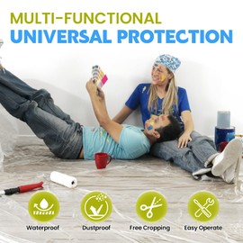 LLPT Tape and Drape 157.5”(Unfolded) x 66 Ft Each 2 Pack Pre-Taped Masking Film 0.31 Mil Painters Plastic Drop Cloth for Auto Wall Furniture Painting Protection (MFTG4020)