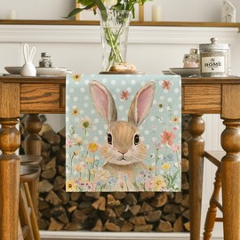 Artoid Mode Bunny Rabbit Floral Polka Dot Happy Easter Table Runner,Seasonal Spring Kitchen Dining Table Decoration for Home Party Decor 13x60 Inch