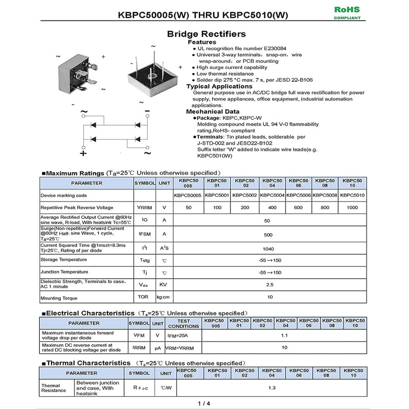 PENGLIN 4pcs KBPC5010 Bridge Rectifier Bridge Diode Single Phase 50A