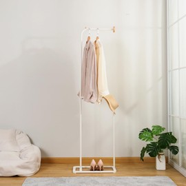 Hershii Metal Coat Rack Hanger Hall Tree Clothes Storage Organizer Garment Stand Poles Jackets Hats Holder with Hollow Base & Wooden Hooks for Entryway, Bedroom, Hallway, Office - White, Small