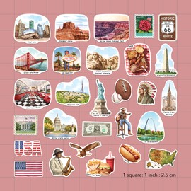 Navy Peony Iconic USA Travel Stickers (28pcs) - Hand-Illustrated, United States, American-Themed Vacation Decals for Journals, Scrapbooks, Luggage