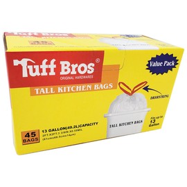 Tuff Bros Tall Kitchen Trash Bags 13 Gallon 0.6 Mil, 45 Bags Drawstring Closure