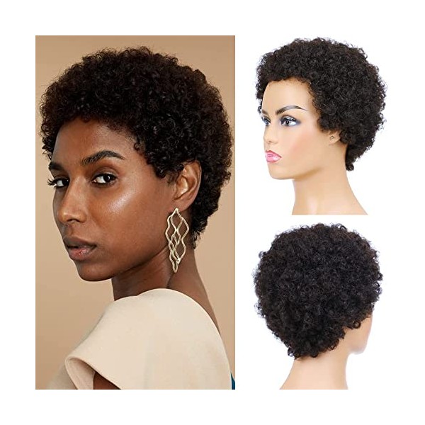 Afro Kinky Curly Human Hair Short Wigs for Women, Full and Fluffy Machine Made Wig Human Hair Pixie Cut Natural Looking Glueless Hair Replacement Wig Black Color (Afro)