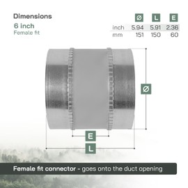 Vent Systems 6" Inch Flexible Vibration-Reducing Duct Connector – Round Galvanized Steel Vent Hose Adapter, Female-End Spiral Duct, Pipe Extender, HVAC Ventilation Fittings - Inline Duct Work Coupler