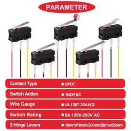 MKBKLLJY 15Pcs Mini Micro Limit Switch 5A 125 250V AC SPDT 1NO 1NC Momentary 16mm/19mm/20mm/28mm/55mm Very Long Straight Hinge Lever Arm Switch Snap Action Button Type 3 Pins with 45Pcs Terminal Wires