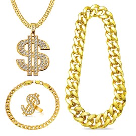 Acruccen 80s 90s Hip Hop Costume Outfit Jewelry Set,18K Gold Plated Dollar Sign Necklace,Dollar Sign Rings Adjustable,Chunky Gold Chain Necklace&Bracelet,Rapper Accessories for Men Women