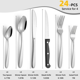 24 Piece Heavy Duty Stainless Steel Silverware Set with Steak Knives for 4, Mirror Polished Flatware Set Cutlery Utensils Tableware Set for Home Kitchen, Fork Knife Spoon Set, Dishwasher Safe