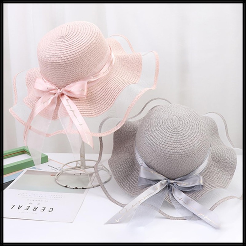 White Fang CZ051 Women's Straw Hat, Ruffle, Satin, Ribbon, Cute,