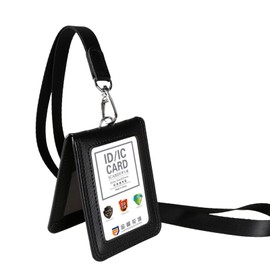 Porta Gafete con Cordón,Tarjetero de Cuero Genuino,Soporte para Tarjetas de Identificación con Ventana Vertical Transparentepara el Cuello para Oficina, Negocios, Trabajo (Negro)