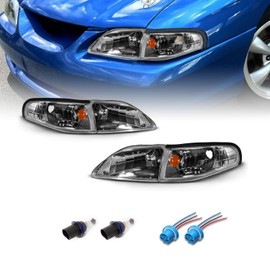 AmeriLite for 1994-1998 Ford Mustang Gun-Metal Replacement Headlights Corner Turn Signal Set - Passenger and Driver Side