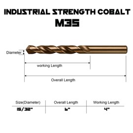 Narwhal 15/32 Inch Cobalt Drill Bits (3 Pack - Industrial Grade M35 Cobalt) 6" Length & 135 Degree Split Point for Drilling Into Metal, Hardened & Stainless Steel, Cast Iron, & More!