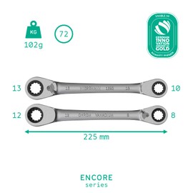 Reversible 4-in-1 Double Ring Ratchet Spanner with 8, 10, 12, 13mm with 72 Teeth Made of Chrome-Plated CV Steel I Ratchet Ring Wrench from WIESEMANN 1893 I 81062