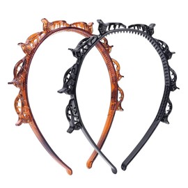 ZeriLion 2 Pack Double Layer Headband with Mini Clips Hair Styling Tool for Women Twist Braid Hair Band with 8 Attached Hairpins Easy DIY Hairstyle Accessories Black and Brown
