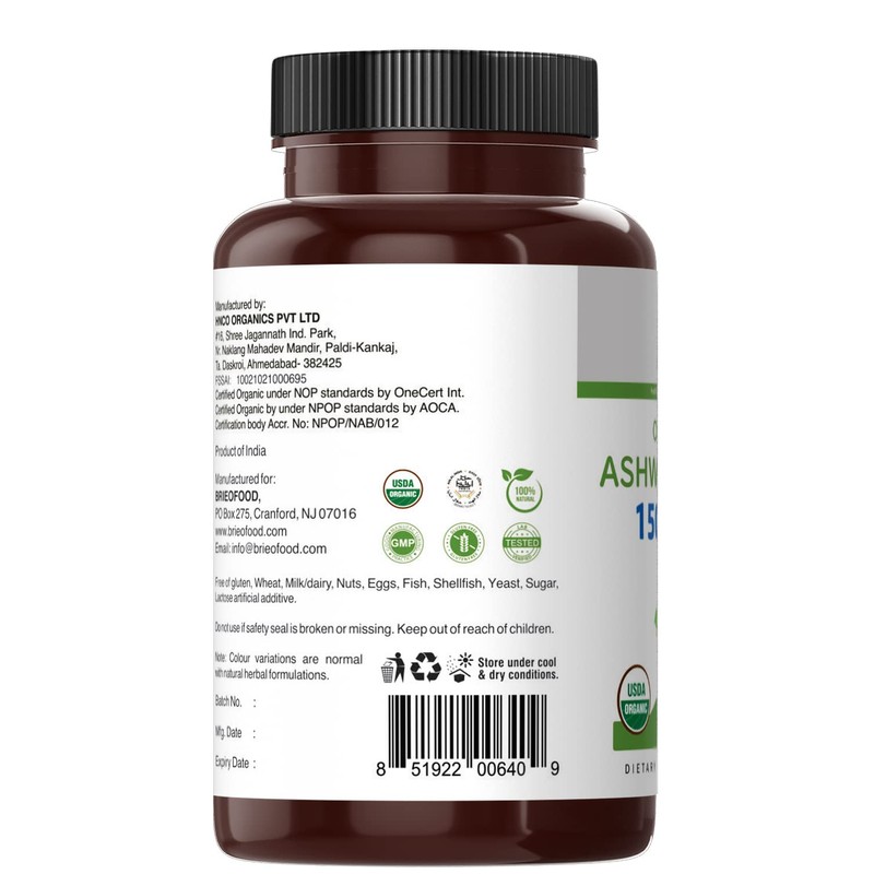 Brieofood Brieofood Organic Ashwagandha 1500mg, 45 Servings, Vegetarian, Gluten Free,