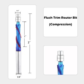 Compression Spiral Flush Trim Router Bit with Double Ball Bearing, 1/4" Shank 1-1/8" Cutting Length Extra Long 3",Carbide Spiral Pattern Router Bit for Woodwoking