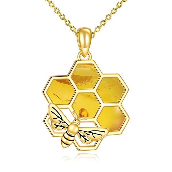 YONFQE Bee Necklace 925 Sterling Silver Honeycomb Pendant Jewelry Ladies