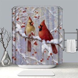 Merry Christmas Red Cardinal Bird Shower Curtains, Red Bird on Snowy Plum Tree Branch Winter Holiday Xmas Happy New Year Bathroom Decor Curtains