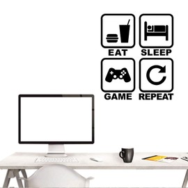 Eat Sleep Game Repeat Wall Decal, Gamer Wall Stickers Murals, Removable Vinyl Cute Controller Art Design Gamers World Wall Decor for Teen Kids Boys Bedroom Playroom Home Decoration Wallpaper