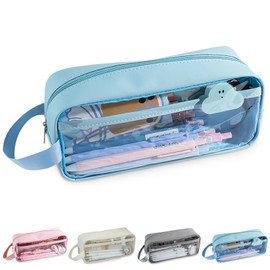 Yoolly Clear Pencil Case, Clear Exam Pencil Case, Waterproof PVC Zippered Toiletries Storage Pouch, Travel Luggage Pouch Make up Cosmetic Bag (Blue)