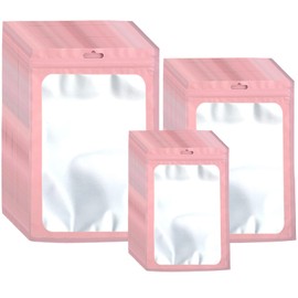 300 Pack 3 Sizes Resealable Mylar Bags Food Storage Smell Proof Bags with Front Window Packaging Pouch for Sample Snack Cookies Jewelry (Pink, 3 x 4.7 inch,4 x 6 inch,4.7 x 7.9 inch)
