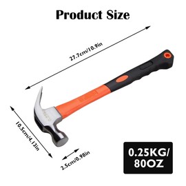 Claw Hammer 225G (8OZ) Carbon Steel Forging Small Hammer Rust-Proof Curved Rip Claw Hammer Ideal Hand Tool for Nail Removal Home Use