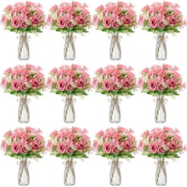 Thiccywoov 36 Pack Artificial Mini Rose Flowers with Vase Bulk, 24 Bundles Silk Rose Flower Artificial Bouquet 12 Plastic Vase with Rope Table Centerpiece Arrangement Wedding Party Deco(Purple)