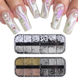 Nail Art Rhinestones, 2 Boxes Nail Charms, Glitter Stones and Semicircular Beads, Small Gold Silver Caviar Beads, Flatback Rhinestones for DIY Nail Decoration