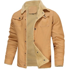 PEGENO Men's Cotton Cargo Jackets Winter Sherpa Lined Fleece Jackets Trucker Jacket, khaki xx-large