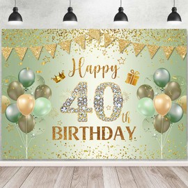 Ayayiya Sage Green 40th Birthday Backdrop for Women Men Green Gold Happy 40th Birthday Photography Background Glitter Flag Fabulous 40th Birthday Party Decorations Supplies Banner Photo Booth 7x5ft