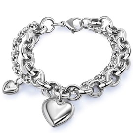 Jxlepe Womens Heart Pendant Bracelet With Double Charm Gorgeous Chain Stainless Steel Silver Drop White Hot Punk Sexy Hiphop Jewelry (White, 8)