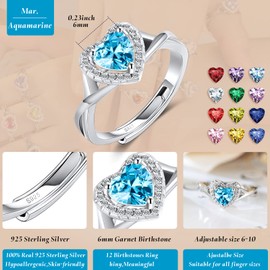 MYBELLNA 925 Sterling Silver Birthstone Rings for Women Love Heart Eternity Band Ring Adjustable Open Heart Ring for Women Girls Her Mother's Day Gift