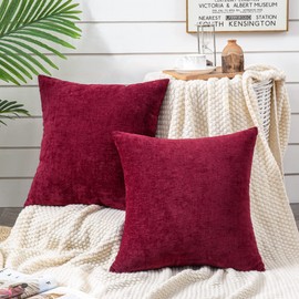GAWAMAY Decorative Square Throw Pillow Covers 18x18 Inch Set of 2, Super Soft Chenille Pillows Cover Fall Pillowcase for Living Room Bedroom Sofa Couch Cushion Cover Burgundy Red 45x45cm