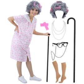 Old Lady Costume for Women Adult 100 Days of School Costume Grandma Dress Up Old Lady Costume Accessories (Pink) KF030PL