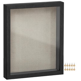 SONGMICS 11x14 Shadow Box Frame, Deep Box Frame with Top Slot and Push Pins, Picture Display Case, Linen Fabric Backing for DIY Craft, Glass Front, Gift Idea, Black URPF009B01