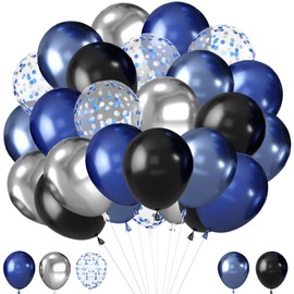 Latex Balloons, Navy Blue Silver, 49 Pieces Metallic Blue Confetti Balloons, Metallic Blue Silver Balloons, Metallic Black Blue Balloons