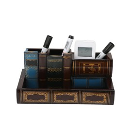 Wood Desk Organizers, Wooden Pen Holder Library Books Design Pencil Holder Decorative Desktop Pen Organizer Wooden Caddy for Home School Office