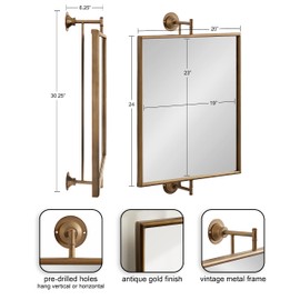Kate and Laurel Darbridge Traditional Rectangle Pivot Mirror, 20 x 31, Gold, Vintage Adjustable Rectangular Bathroom Wall Mirror Horizontal or Vertical