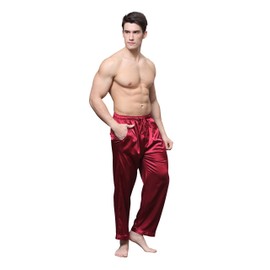 Tony & Candice Men's Satin Pajama Pants Long PJ Bottoms (Medium, Burgundy)