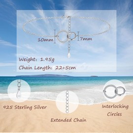 Zolkamery Silver Anklets for Women, 925 Sterling Silver Ankle Bracelet, Fashion Waterproof Women's Anklets with Two Interlocking Eternity, Adjustable Summer Beach Barefoot Ankle Bracelets for Girls