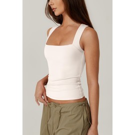 QINSEN Women's Square Neck Sleeveless Double-Layer Tank Tops Basic Tight T Shirts Beige S